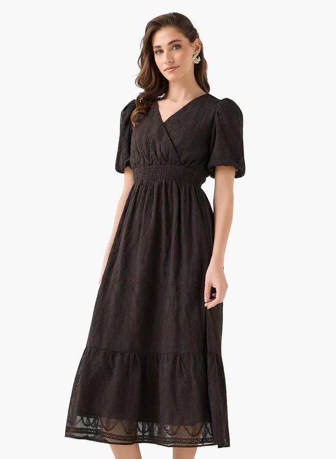 2Xtremz 2Xtremz Midi Dress with Puff Sleeves and Embroidery